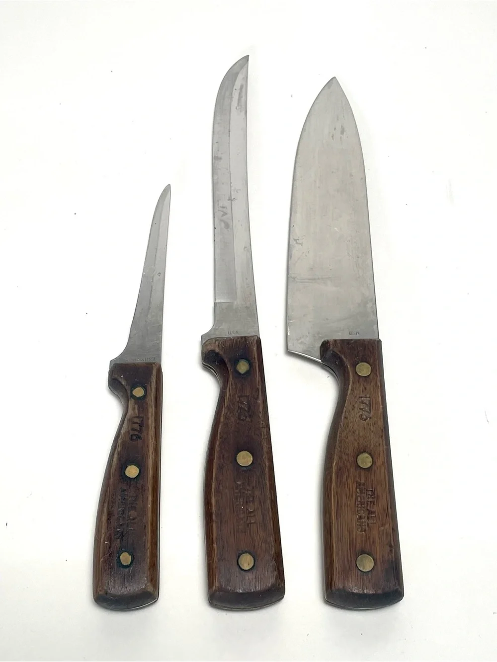 Vintage 1776 The All Americans Knife Set 3 Pc USA Chef Slicing Paring Walnut